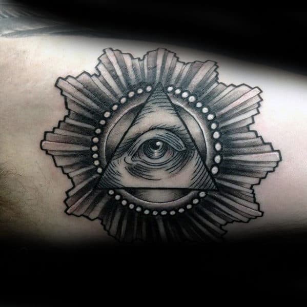 Black And Grey Inner Arm Bicep Eye Of Providence Tattoos For Males
