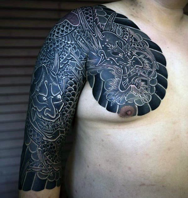 Black And Grey Japanese Dragon Guys Shaded Upper Chest Tattoo