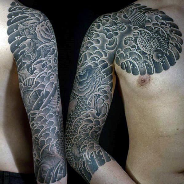 Black And Grey Koi Fish With Waves Mens Japanese Half Sleeve Tattoo