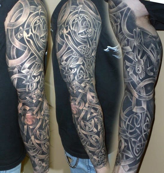 Black And Grey Male Celtic Sleeve Tattoo Design Ideas
