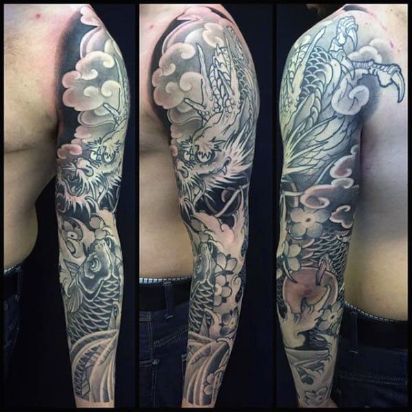 Black And Grey Male Dragon Arm Sleeve Japanese Tattoo Ideas