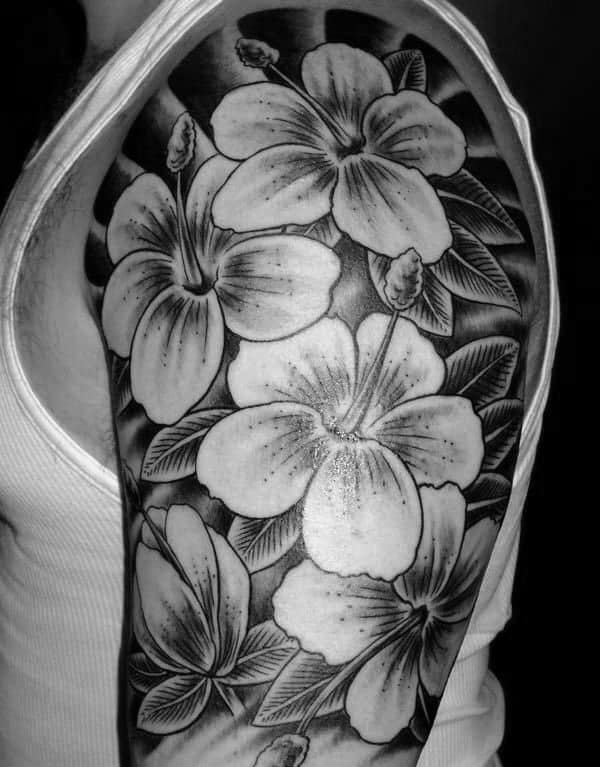 Black And Grey Male Hibiscus Half Sleeve Inspiration For Tattoos