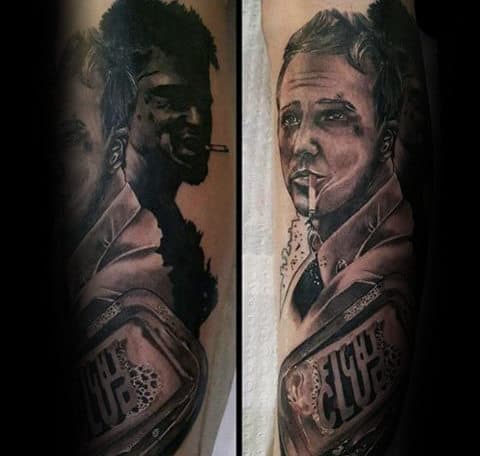 Black And Grey Male Themed Tattoo Of Fight Club Characters