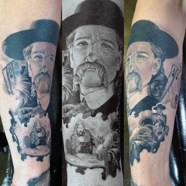 Black And Grey Man With Mustache Cards Gambling Tattoo On Man