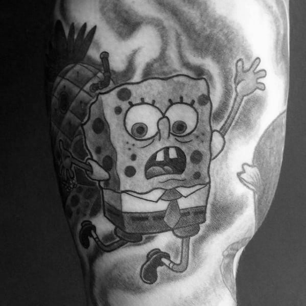 Black and gray tattoo of SpongeBob running in fear with Gary on his back, set in a dramatic, smoky underwater scene.