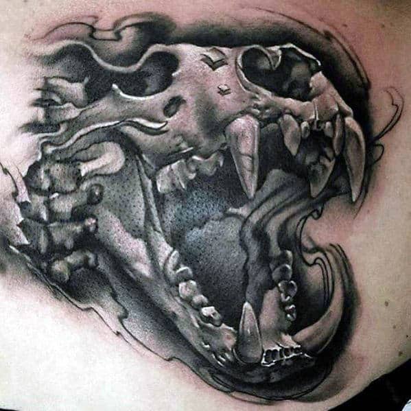 Black And Grey Mens 3d Lion Skull Rib Cage Side Tattoo