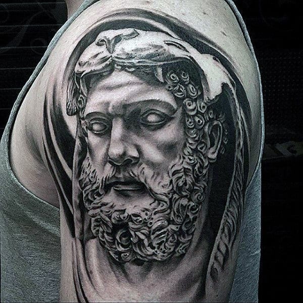 Black And Grey Mens Hercules Upper Arm Tattoo With 3d Design
