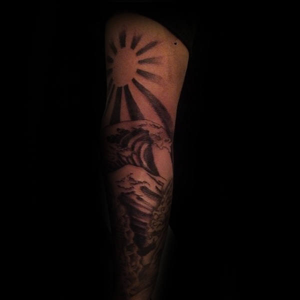 Black And Grey Mens Leg Rising Sun Tattoo Ideas