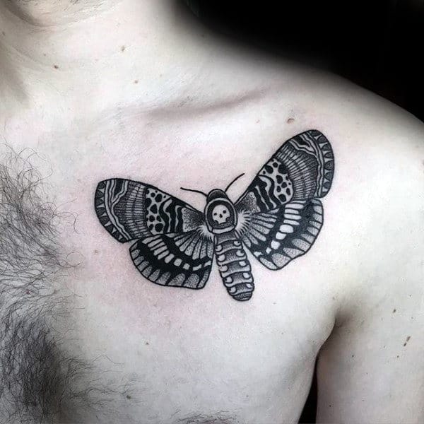 Black And Grey Moth Mens Upper Chest Tattoos