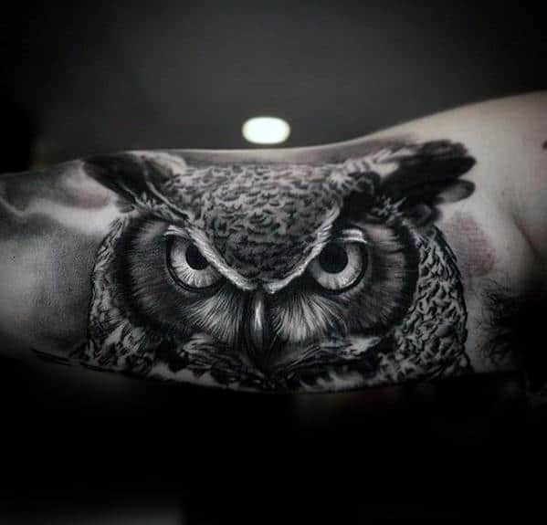 Black And Grey Owl Inner Arm Realistic Tattoo Designs For Men