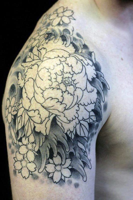 Black And Grey Peony Male Quarter Sleeve Tattoo
