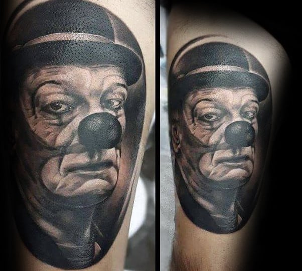 Black And Grey Portrait Of Clown Mens Thigh Tattoos