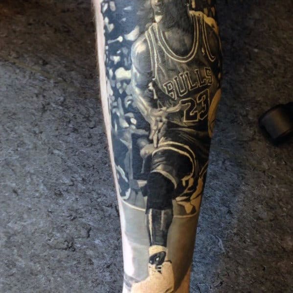 Black And Grey Realistic Mens Forearm Jordan Tattoo