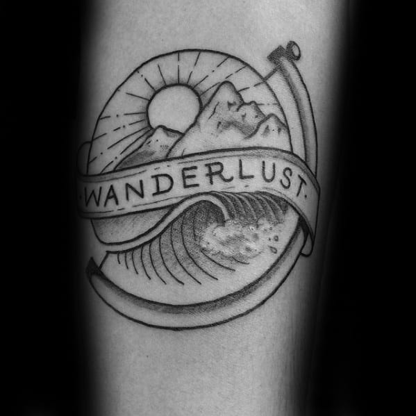 Black And Grey Sall Wanderlust Globe With Mountains Guys Forearm Tattoo