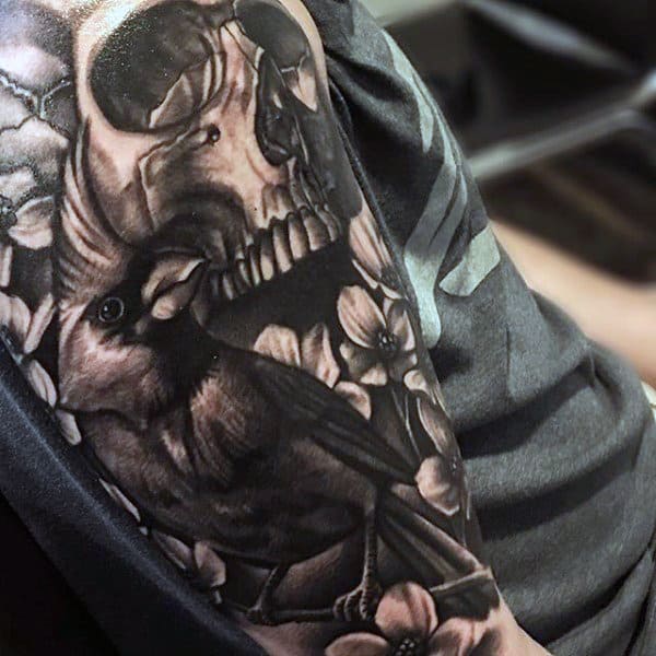 Black And Grey Shaded Cardinal Mens Half Sleeve Tattoos