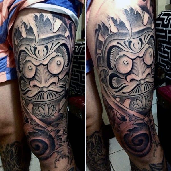 Black And Grey Shaded Daruma Doll Mens Thigh And Leg Sleeve Tatoto