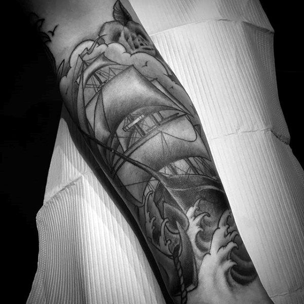 Black And Grey Shaded Guys Forearm Nautical Tattoo Design Of Ship