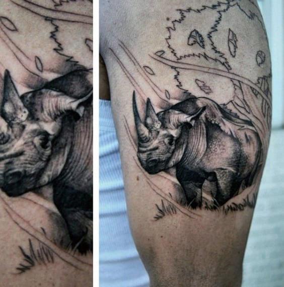 Black And Grey Shaded Guys Rhino Leg Calf Tattoos