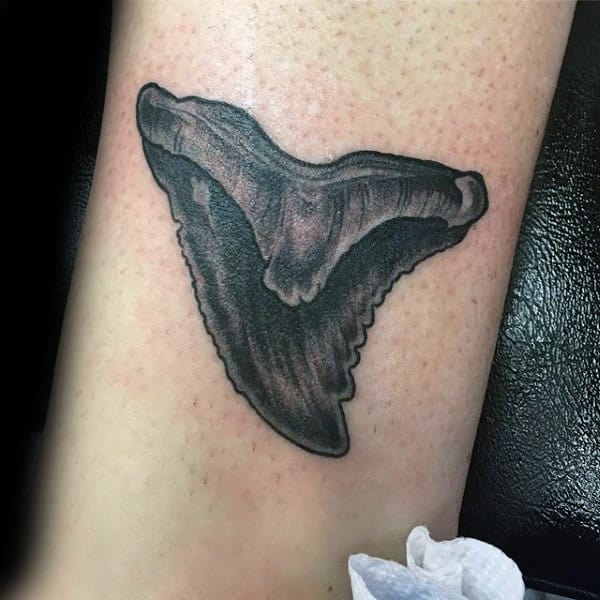 Black And Grey Shaded Guys Shark Tooth Forearm Tattoos
