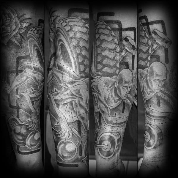 Intricate black and gray CrossFit sleeve tattoo featuring a weightlifter, kettlebell, barbell, and tire tracks, symbolizing strength, endurance, and dedication.