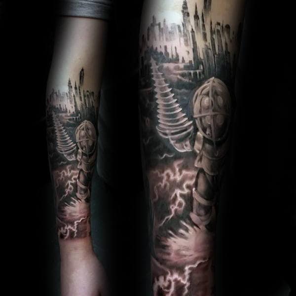 Black And Grey Shaded Ink Bioshock Mens Forearm Sleeve Tattoo