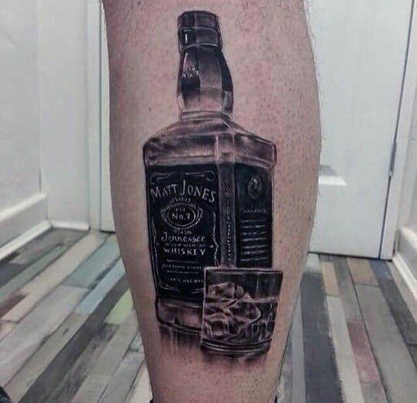 Black And Grey Shaded Jack Daniels Leg Calf Tattoos For Gentlemen