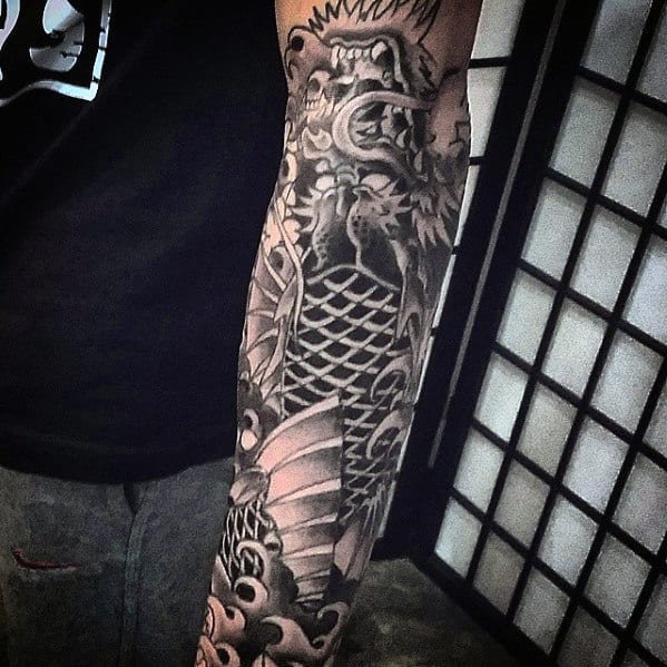 Black And Grey Shaded Koi Dragon Male Japanese Forearm Sleeve Tattoo