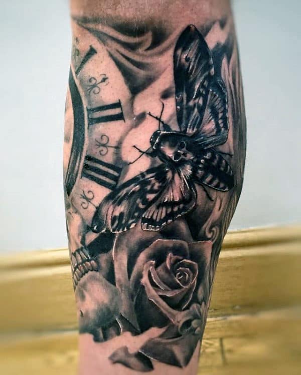Black And Grey Shaded Male Moth Leg Sleeve Tattoo Ideas