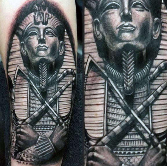 Black And Grey Shaded Male Tattoo Of King Tutankhamun