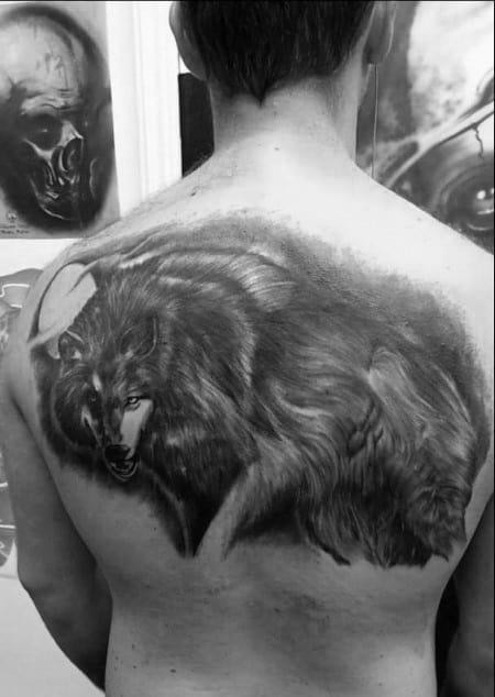Black And Grey Shaded Male Upper Back Wolf Tattoo