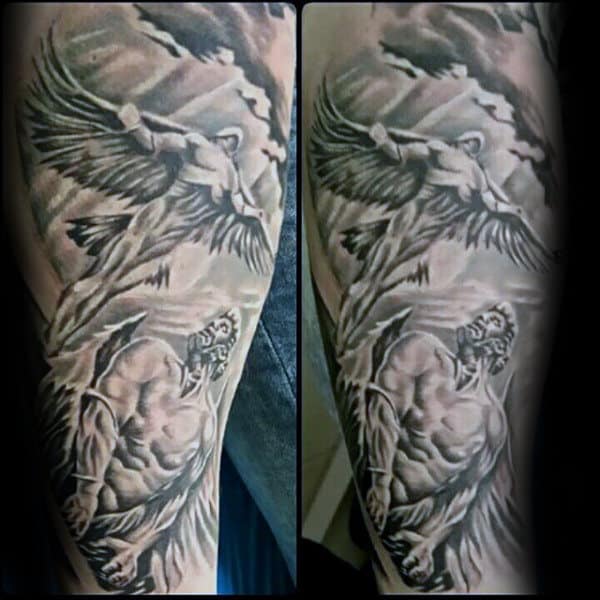Black And Grey Shaded Mens Icarus Sleeve Tattoo Ideas