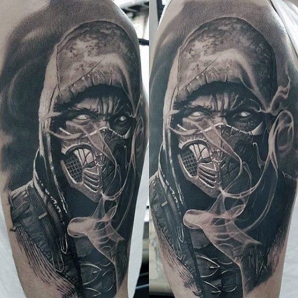 Black And Grey Shaded Mens Realsitic Mortal Kombat Tattoo Half Sleeve