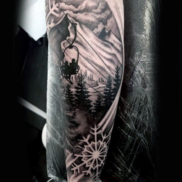 Black And Grey Shaded Mens Skiing Sleeve Tattoos