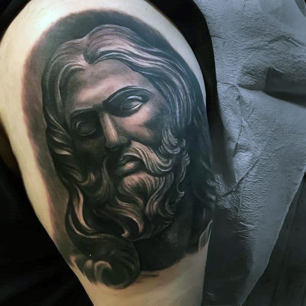 Black And Grey Shaded Mens Upper Arm Jesus Tattoo
