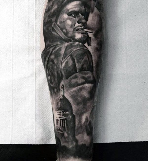 Black And Grey Shaded Mens Ww2 Leg Sleeve Tattoo