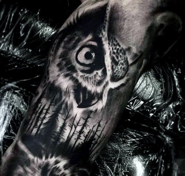 Black And Grey Shaded Owl Forest Mens Forearm Tattoos