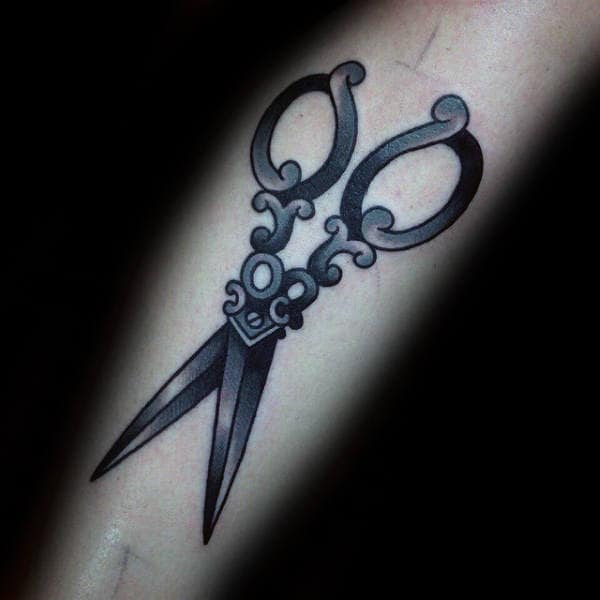 Black And Grey Shaded Scissor Tattoo On Gentleman
