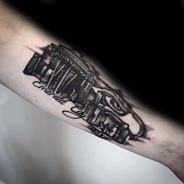 Black And Grey Shaded Seattle Skyline Male Forearm Tattoos