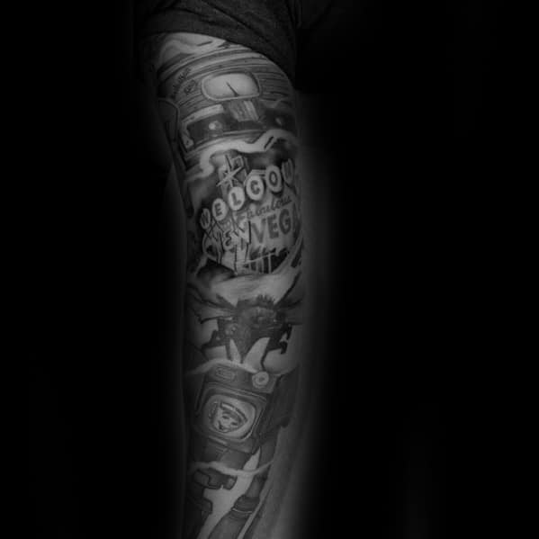 Black And Grey Shaded Sleeve Fallout Tattoo Ideas For Gentlemen