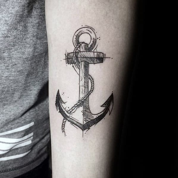 Sketch-style anchor tattoo with a wrapped rope, featuring fine black lines and rough shading, symbolizing strength, stability, and a nautical connection.