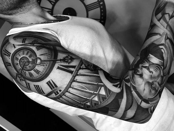 Black and grey realism tattoo sleeve featuring a large clock with Roman numerals, a staircase, and a detailed statue-like face.
