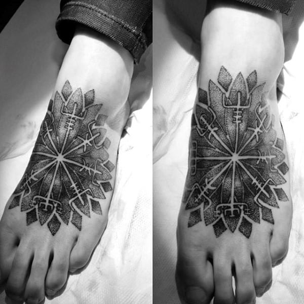 Black And Grey Tribal Design Foot Tattoo