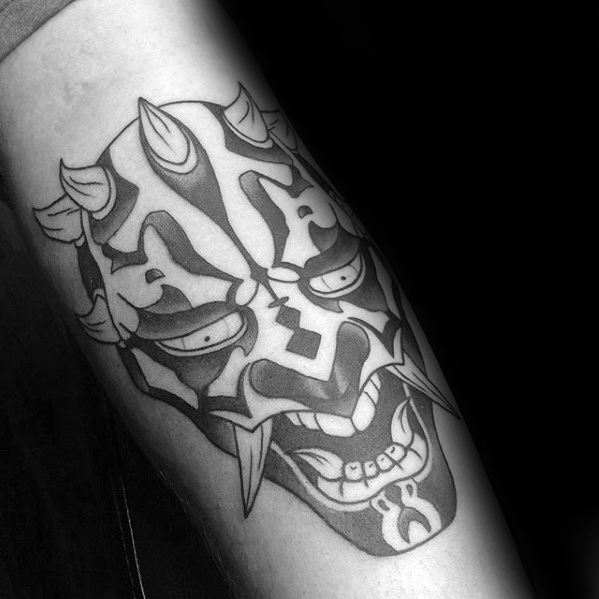 Black And Grey Tribal Forearm Masculine Darth Maul Tattoos For Men
