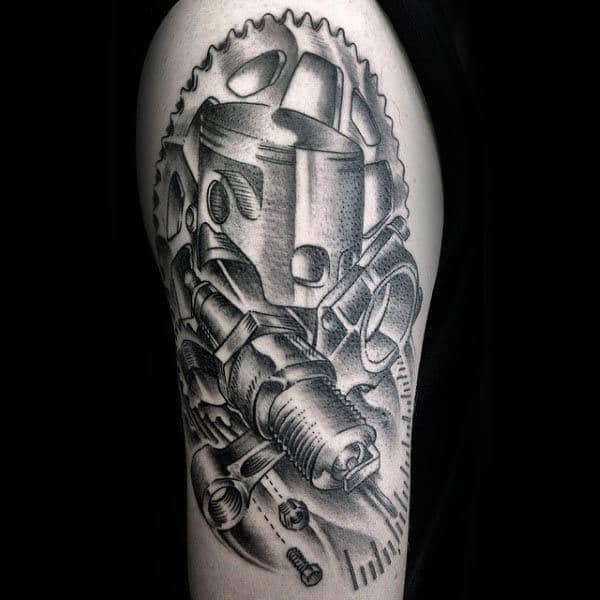 Black And Grey Upper Arm Engine Parts Guys Spark Plug Tattoos