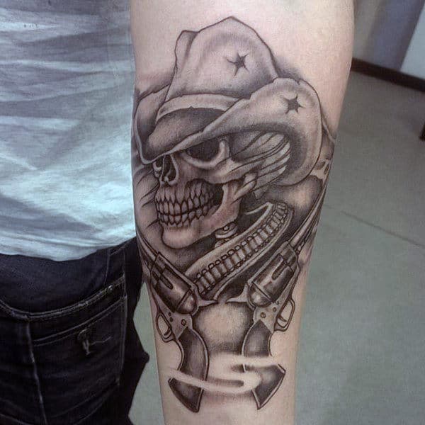 Black And Grey Western Tattoo With Rifles On Man