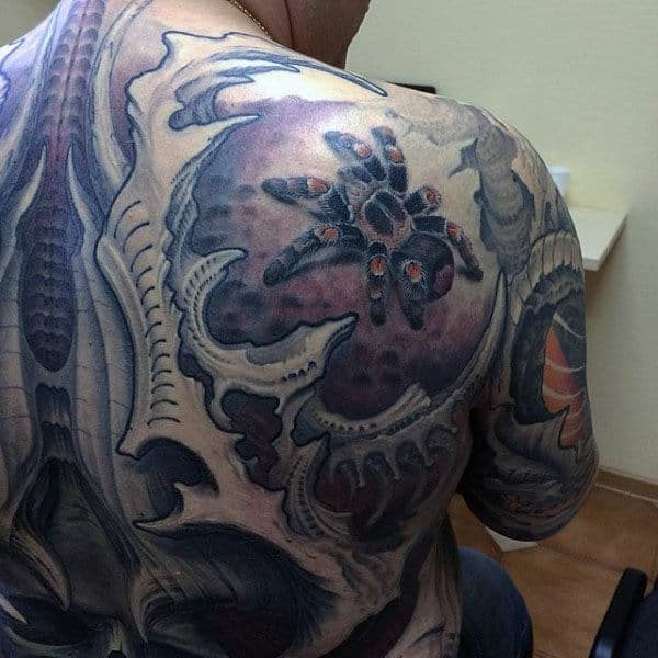 Black And Orange Mens 3d Tarantula Full Back Tattoos