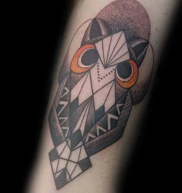 Black And Orange Mens Forearm Geometric Owl Tattoos