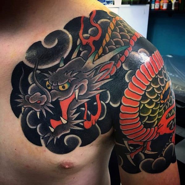 Black And Orange Mens Japanese Dragon Shoulder Tattoo