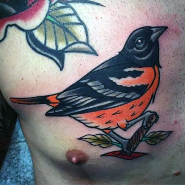 Black And Orange Traditional Bird Mens Chest Tattoos