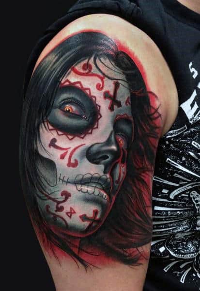 Black And Red Day Of The Dead Lady Tattoo Mens Arms